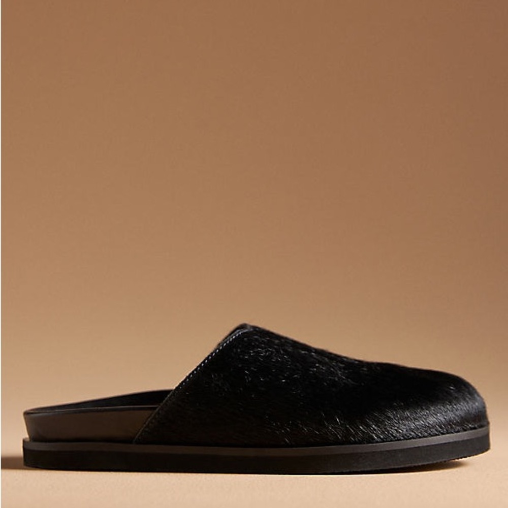Anthropologie Black Faux-Hair Slip-On Mules